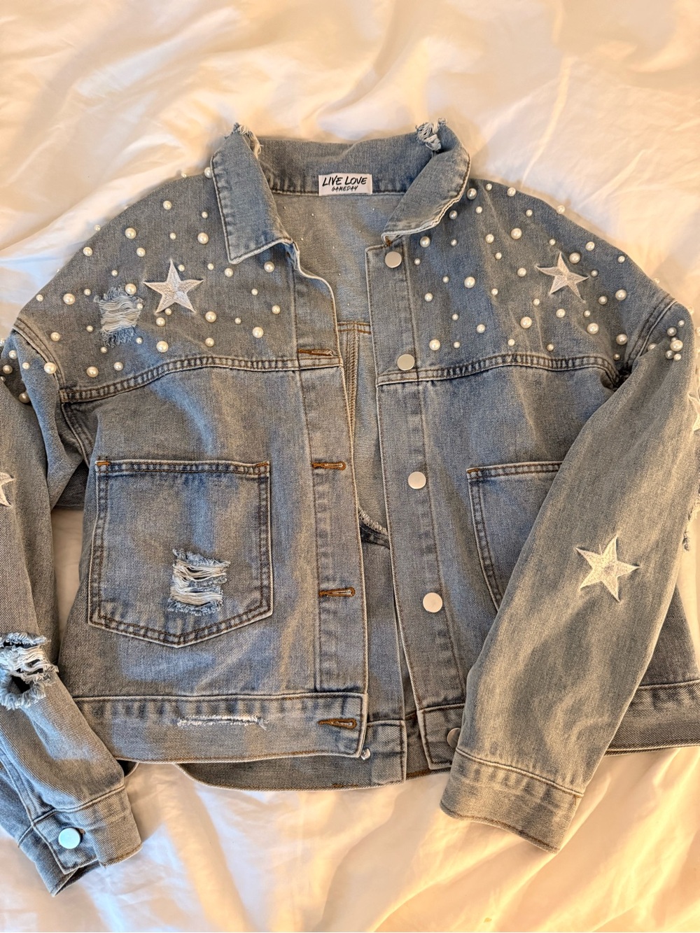 Denim Jacket with Pearl & Star Embellishments